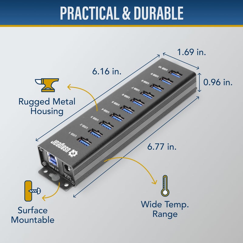USBGear 10-Port USB 3.2 Gen 1 Mountable Charging and SuperSpeed Data Hub with 5V/4A Power Adapter and USB Type-A to Type-B Cable Up to 900mA per Port Charging Function Wall and Surface Mounting - Image 3